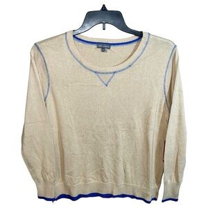 Vince Camuto Sweater Women’s Size XL Tan Khaki Blue Long Sleeve Crew Neck